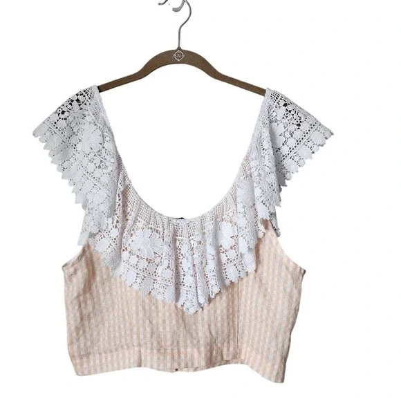 MIGUELINA Lace Gingham Crop Top Boho Coquette Cottagecore L - Picture 3 of 11